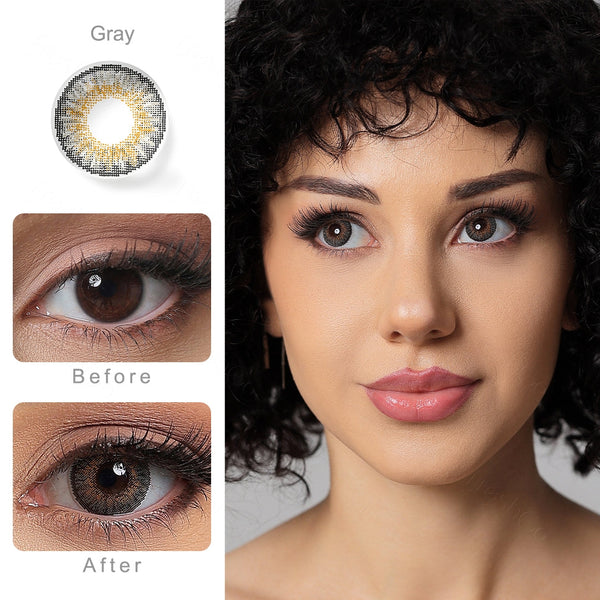 3 tone gray colored contacts wearing effect comparison of before and after