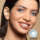 modelwearingarara blue colored contacts