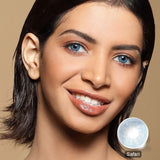 modelwearingsafari blue colored contacts